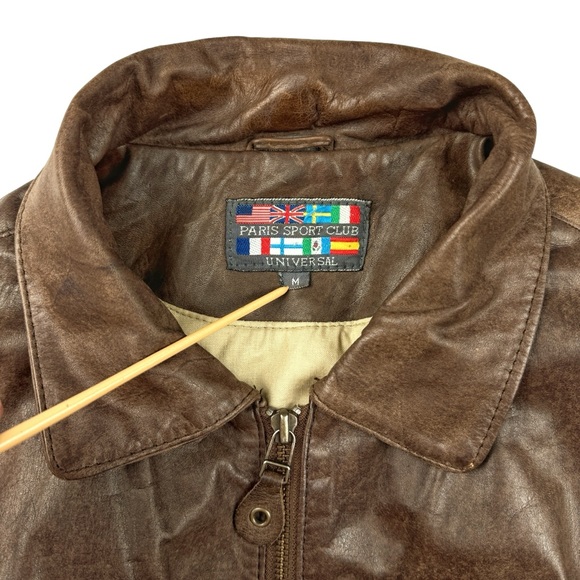 Paris Sport Club Sz Medium Brown Leather Bomber Jacket Front Pockets Fully Lined - Picture 10 of 16